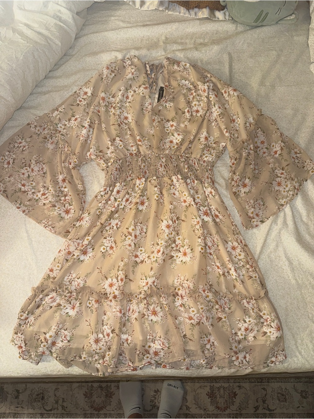 Amazon Beige Floral Smocked Mini Dress